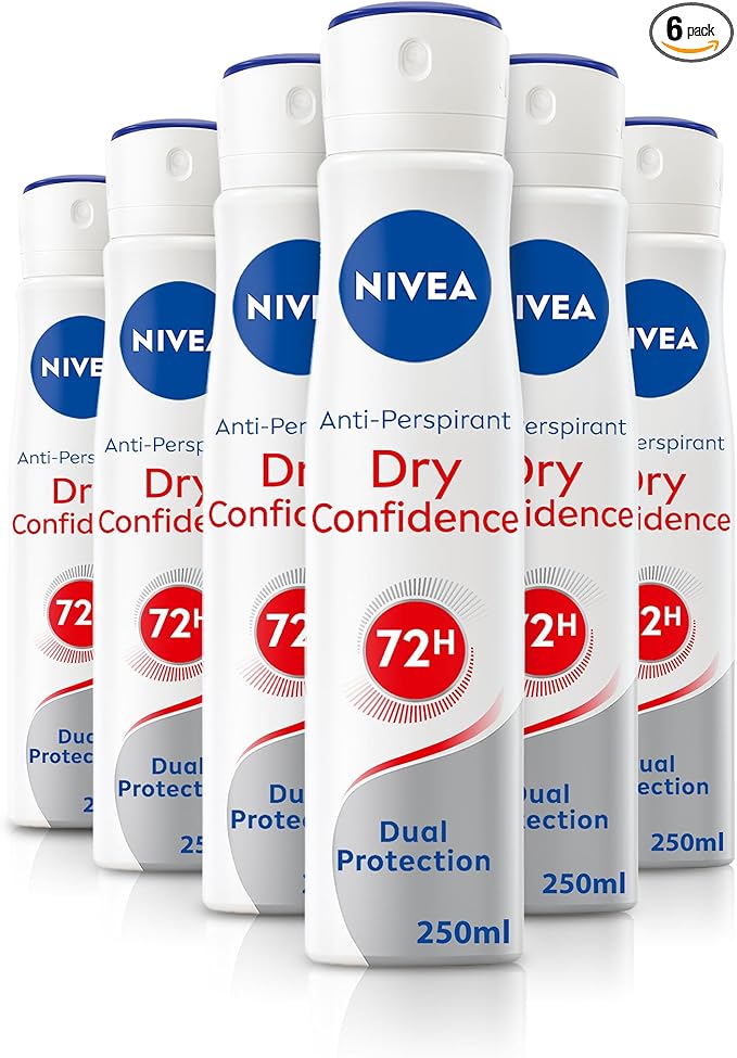 NIVEA Dry Confidence 72H Anti-Perspirant Deodorant Spray (250ml, Pack of 6), Women's Sweat Block Aerosol Anti-Perspirant Spray with 72H Odour Protection Effect, Daily Use Women's Deodorant
