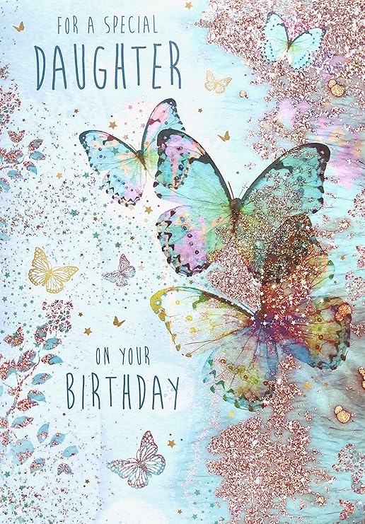 Stunning Artistic Female/Girl's Birthday Card from The Beautiful Range - Special Daughter - Turquoise Butterflies with an Elegant Flitter Finish - Greeting Card for Her (NQ-DR492)