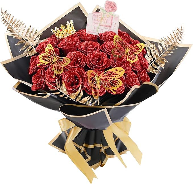 24 Pcs Glitter Roses Bouquet,Artificial Rose Bouquet,Sparkly Rose,DIY Fake Glitter Bouquets with Crown Card 3D Butterfly for Birthday Gifts Wedding Valentine's Day Mother's Day (Red)