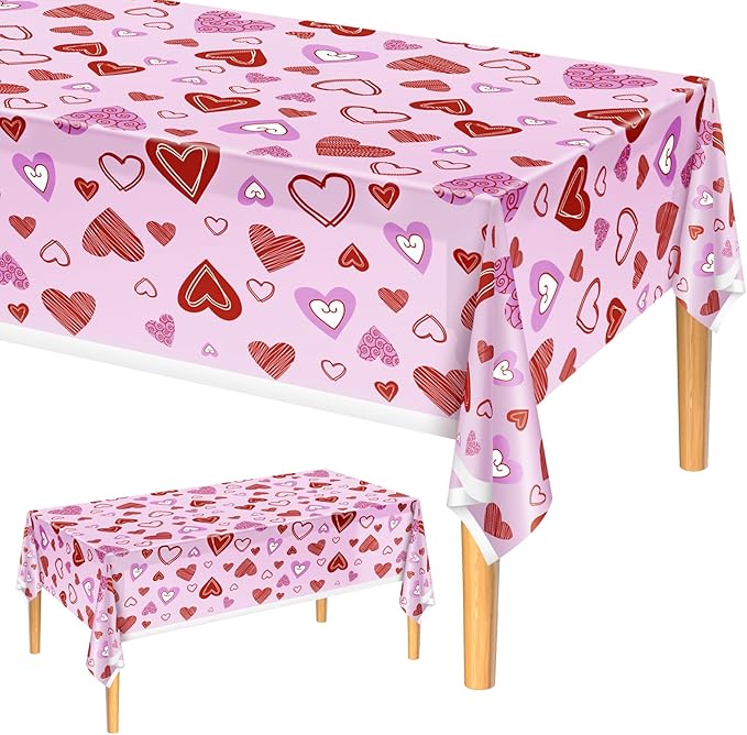 PLULON Valentines Tablecloth Hearts Table Cover Plastic 137 x 274cm Rectangle Picnic Table Cloth for Valentine's Day Party Home Dinner Table Decorations Wedding Anniversary Birthday Party Supplies