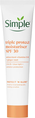 Simple Triple Protect Moisturiser SPF 30 – 3x Protection from UVA/UVB, Blue Light & Pollution with Vitamin C & E – Brightens Dull, Sensitive Skin for a Glowing Complexion 40 ml