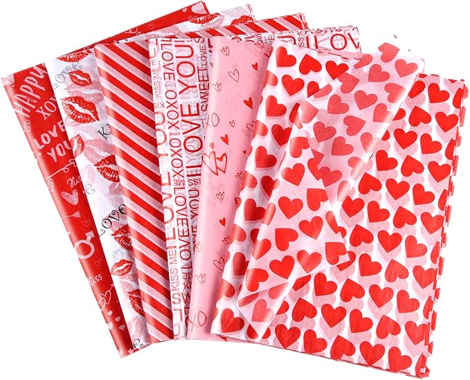 NEBURORA 72 Sheets Valentine Tissue Paper Bulk 14 x 20 inches Valentine's Day Love Heart Wrapping Paper for DIY Craft Gift Bags Valentines Wedding Birthday Party Decor