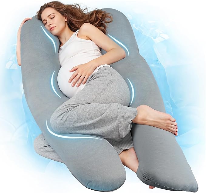 Nuliie Pregnancy Pillow for Sleeping, U Shaped Full Body Pillow with Washable Cooling Fabric Cover, Maternity Pillow Support for Back, Hips, Legs for Pregnant Women (Cooling Light Grey)