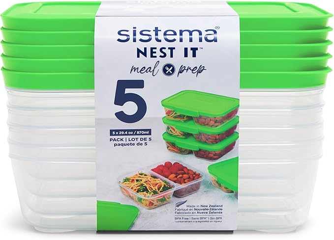 Sistema NEST IT Meal Prep Containers | 870 ml | Airtight Food Storage Containers with Compartments & Lids | School Lunch Boxes | BPA-Free | Green | 5 Count