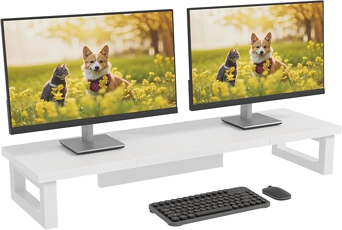 Dual Monitor Stand, 91x26cm Desk Shelf Double Monitor Riser for Laptop PC Computer Screen Monitor Stand Desktop Organiser for Working Gaming, White