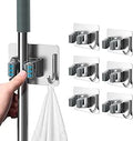 Mop Broom Holder, 4 Pcs Stainless Steel Self Adhesive Mop Holder Wall Mounted with Hooks Hanger Self-Adhesive Broom Holder for Bathroom, Kitchen, Office, Closet, Garden Garage (Silver 6 pcs)