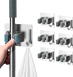 Mop Broom Holder, 4 Pcs Stainless Steel Self Adhesive Mop Holder Wall Mounted with Hooks Hanger Self-Adhesive Broom Holder for Bathroom, Kitchen, Office, Closet, Garden Garage (Silver 6 pcs)
