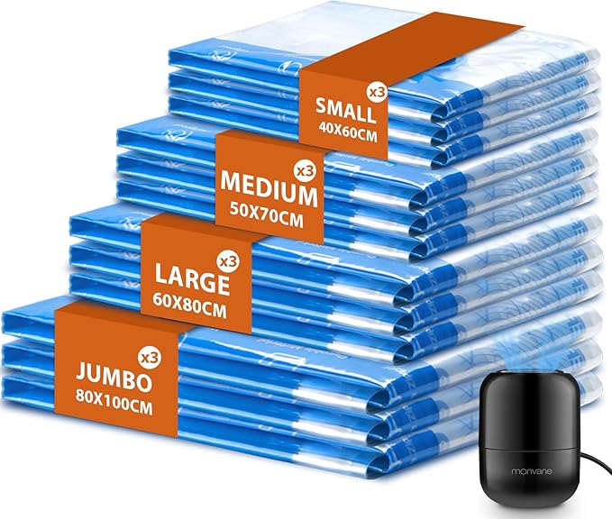 Vacuum Storage Bags - MONVANE 12 Pack Space Saver Bags with Wired Electric Air Pump Suitable for Travel Luggage Suitcase Clothing