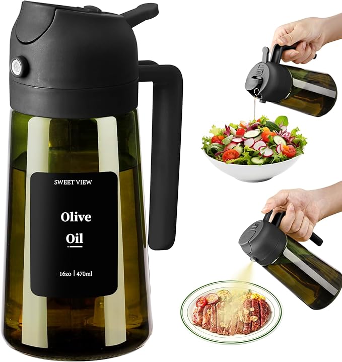 Olive Oil Dispenser and Sprayer, 16oz/470ml Glass Light-Proof Pour Bottle, Kitchen Gadgets Accessories for Air Fryer, Cooking, Salad, and BBQ