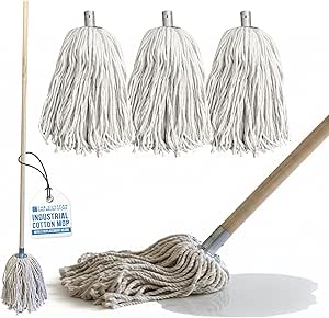 Traditional Cotton Mop with 3 String Head Refills and Smooth Wooden Mop Handle - Pure Cotton Mops for Cleaning Floors - String Floor Mops for Hard Floor, Bathroom, Kitchen, Laminate, Wood, Tiles etc
