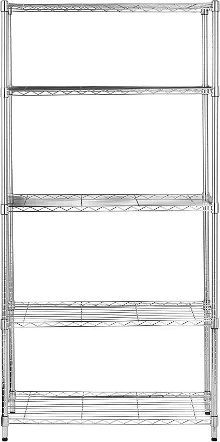 Amazon Basics 5-Shelf Storage Unit With Height Adjustable Shelves and Levelling Feet, 680 kg Max Weight, Chrome, 35.5 cm D x 91.4 cm W x 182.8 cm H
