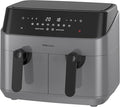 EMtronics EMAFDD9LGR Dual Air Fryer Extra Large Family Size Double XL 9 Litre with 8 Adjustable Pre-Set Menus for Oil Free & Low Fat Healthy Cooking, Easy Clean Metal Interior, 99-Minute Timer - Grey