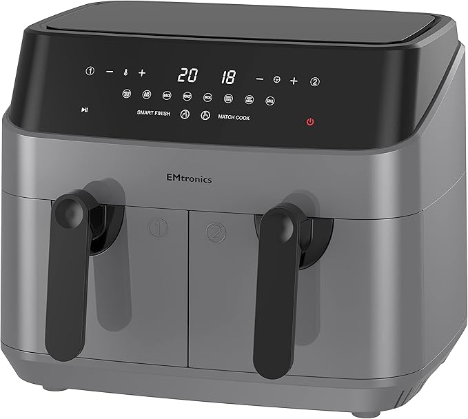 EMtronics EMAFDD9LGR Dual Air Fryer Extra Large Family Size Double XL 9 Litre with 8 Adjustable Pre-Set Menus for Oil Free & Low Fat Healthy Cooking, Easy Clean Metal Interior, 99-Minute Timer - Grey
