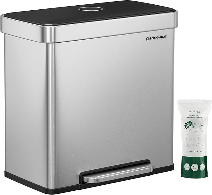 SONGMICS Kitchen Bin, 2 x 30L Stainless Steel Pedal Rubbish Bin with 15 Trash Bags, Recycling and Waste, with Plastic Inner Buckets, Lid, Soft Closure, 58 x 31.5 x 59 cm, Silver LTB202E01
