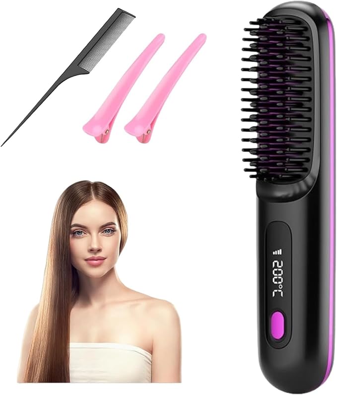 Go Brush Pro, Cordless Hair Straightener Brush, Portable Rechargeable Heated Styling Brushes Rechargeable Heated Styling Brushes for Hairs Styling Travel for Office Home Set (A14)