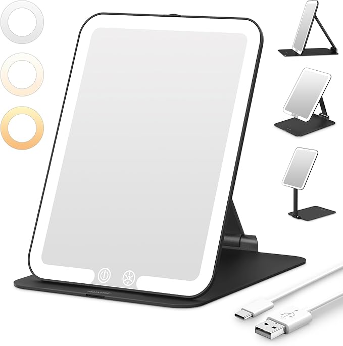 Auxmir LED Travel Makeup Mirror, Portable Vanity Mirror with Lights, Rechargeable Compact Mirror with Dimmable Touch Screen, Folding Beauty Mirror for Home and Travel, Black