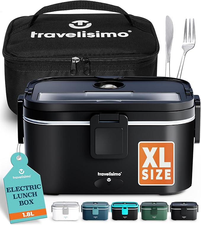 TRAVELISIMO Extra-Large Heated Lunch Box – Holds up to 1.8L – 80W Electric Lunch Box, Stainless Steel Heated Lunch Boxes for Adults 3 in 1 for Car, Electric Lunchbox 12V/24V/230V Self Heating Lunchbox