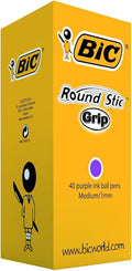 BIC Round Stic Grip Ballpoint Pens - Value Pack of 40 Pens for Office - Purple Colour - Smooth Writing and Comfortable Grip