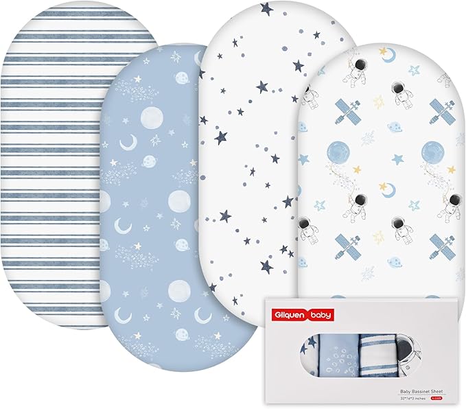 GLLQUEN BABY 4Pack Moses Basket Fitted Sheets, Newborn Pram Sheets Fitted, 100% Microfiber Oeko-tex100 Cozy and Breathable Crib Baby Bassinet Sheets for Boy and Girl(Astronaut)