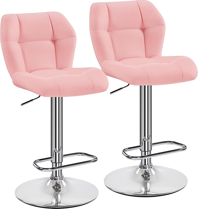 Yaheetech Barstools Set of 2, PU Leather Pink Chairs, Height Adjustable Breakfast Barstools for Home Kitchen, Restaurant