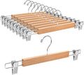 Amber Home 36cm Natural Wooden Pants Hangers 10pcs, Smooth Wood Skirt Hanger Organizer with Adjustable Anti-Slip Chrome Clips, Space Saving Solid Clothes Hangers Rack for Bottoms Jeans Slacks Trousers