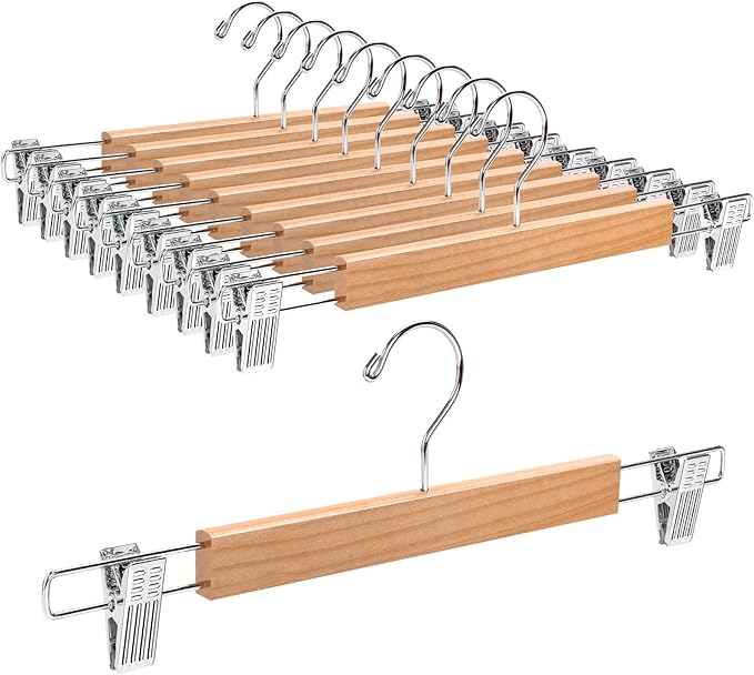 Amber Home 36cm Natural Wooden Pants Hangers 10pcs, Smooth Wood Skirt Hanger Organizer with Adjustable Anti-Slip Chrome Clips, Space Saving Solid Clothes Hangers Rack for Bottoms Jeans Slacks Trousers