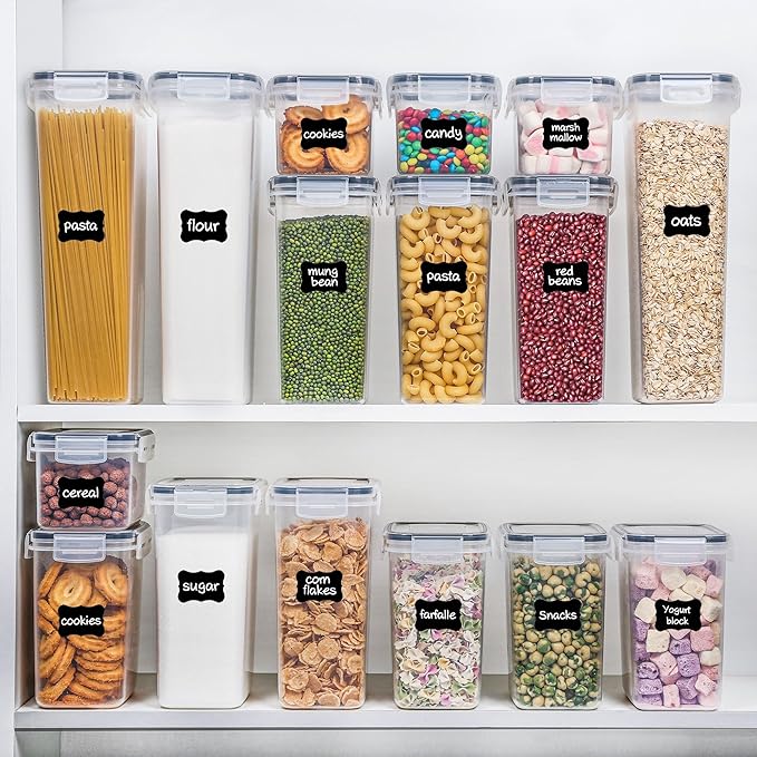 Vtopmart Set of 24 Airtight Food Storage Containers & Kitchen Storage Containers, BPA-Free Plastic Containers for Flour, Sugar and Baking Supplies, with 24 Labels (Black)