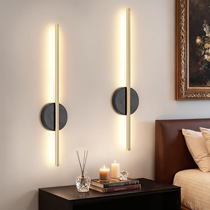 Rechargeable Wall Lights 2 Pack, Battery Operated Wall Lights 3 Color Temperature, Wall Lamp Dimmable Wireless with Remote Control Black and Gold 60CM for Living Room Bedroom Hallway[Energy Class E]