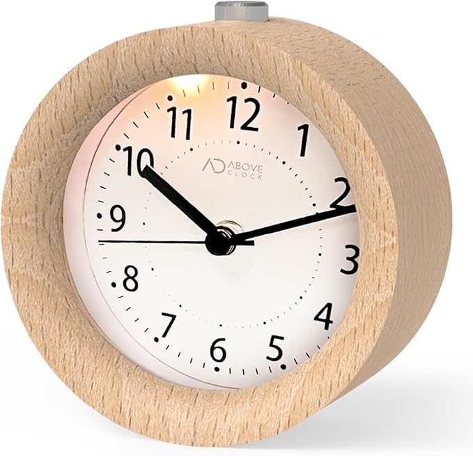 Alarm Clock Bedside, No Ticking Bedside Clock with Snooze and Night Light Function, Analogue Clock Battery Powered for Bedroom, Home, Kitchen, Travel, Natural Wood