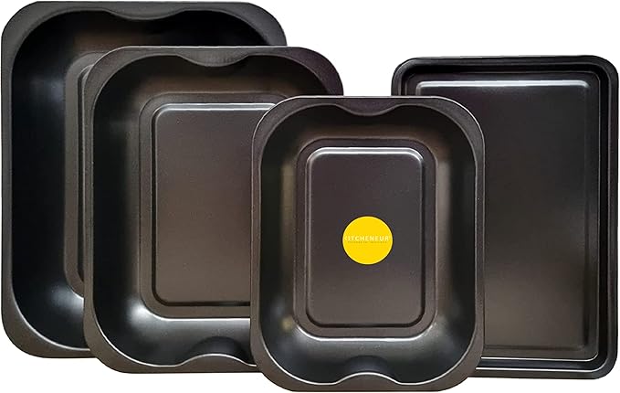 4-Pack Black Roasting and Baking Tray Set - Large Roaster (38cm), Medium Roaster (33cm), Small Roaster (28cm) & Small Tray (32cm) - Baking Tray Set Tray/Pan, Non-Stick, Multi-Pack - Dishwasher Safe