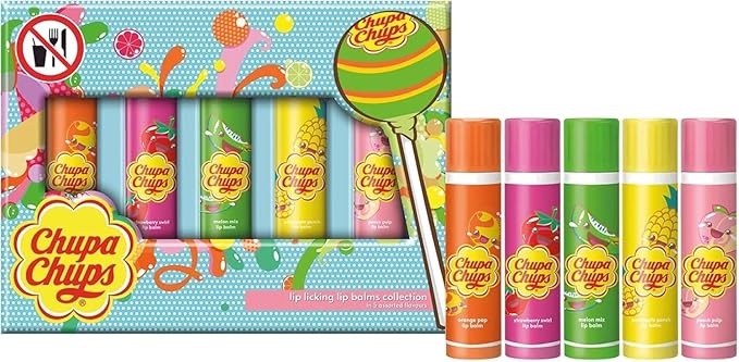 Chupa Chups Lip Licking Lip Balm Collection, 5 Assorted Flavors: Orange Pop, Strawberry Swirl, Melon Mix, Pineapple Punch, and Peach Pulp - Fun, Flavored Lip Care Gift Set for Kids and Adults