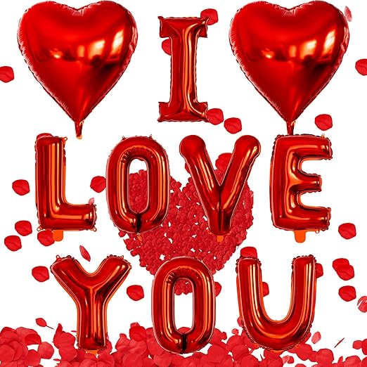 I Love You Balloons Decorations for Her Him - 18 Inch Heart Balloons with Rose Petals, Red Valentines Foil Balloon for Romantic Valentines Wedding Anniversary Proposal Engagement Party Supplies