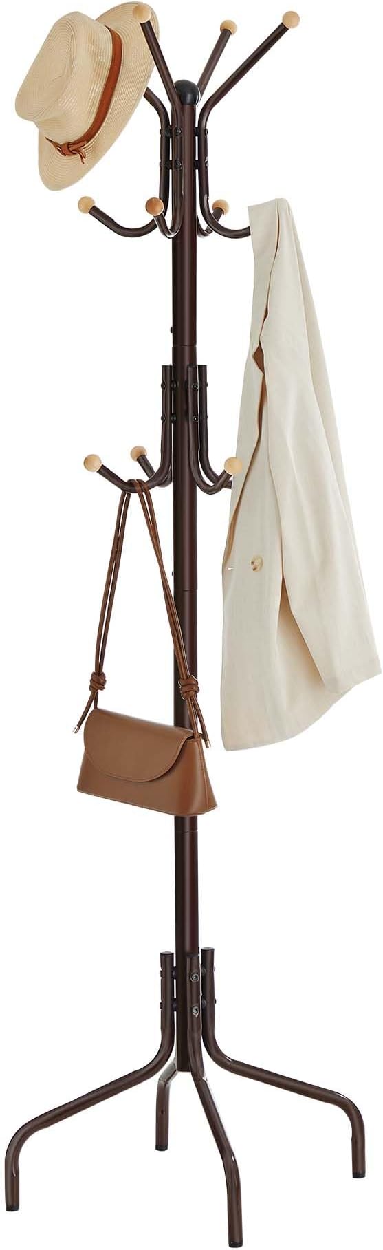 SONGMICS Coat Stand, Metal Coat Rack with 12 Hooks, 4 Legs, Hang Coats, Jackets, Hats, Bags, for Hallway Bedroom Office, Brown RCR031Z01