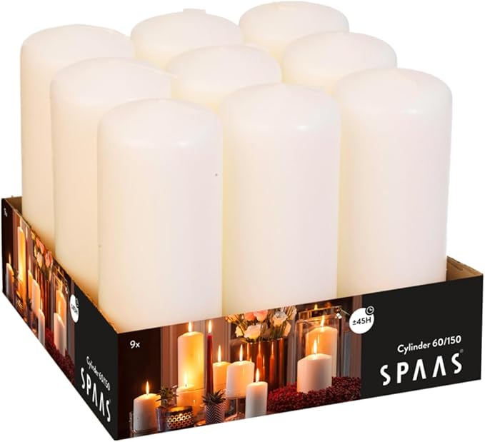 Spaas Tray of 9 Unscented Pillar Candles 60/150 mm, ± 45 Hours, Ivory