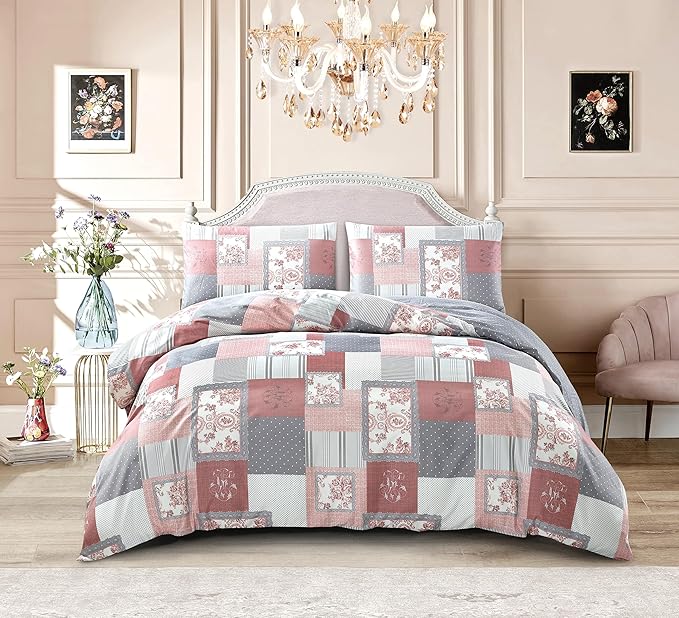 PRIME LINENS Duvet Cover Set 4 Pcs Polyester-Cotton Quilt Cover Bedding Set With Pillow Cases and Extra Fitted Sheet Included (Fine Decor, King)