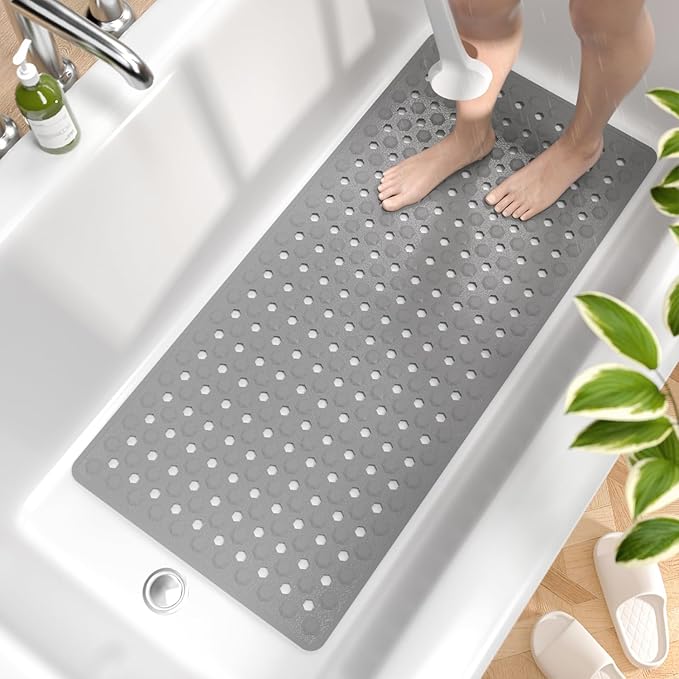 HITSLAM Bath Mat Non Slip Anti Mould, 89 x 40 cm Long Non Slip Shower Mat for Inside Shower, Machine Washable Bathroom Bathtub Mat with Strong Suction Cups and Drain Holes, Soft on Feet, Grey