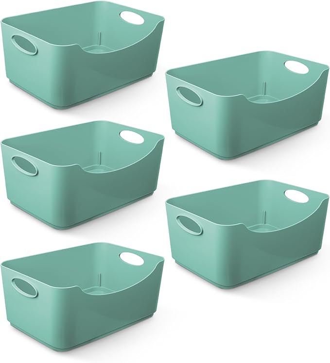 KEPLIN 5 Pack Teal Plastic Studio Storage Basket, Portable Container Boxes with Handles for Storage Organisation in Home & Office, Shelfs, Drawers, Kitchen & Cupboards (22.3 x 14.6 x 10cm)