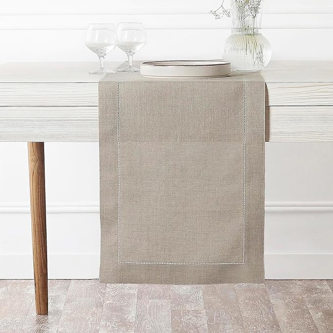 D'Moksha Homes Linen Natural Table Runner 305 CM Long - 100% Pure Linen Hemstitch 36 x 305 cm Table Runner for Dining, Valentines, Spring, Easter - Classic Hemstitch