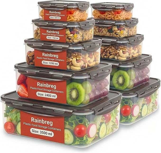 Rainberg Food Storage Containers - 20 Pieces (10 containers & 10 Lids) Leak Proof, Airtight Food Containers with Lids, Stackable, Freezer, Microwave & Dishwasher Safe (Grey)