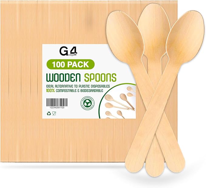 G4GADGET 100x Wooden Spoons - Disposable Spoon Biodegradable Birch Wood Utensils for Parties, Picnics, Weddings, BBQs, and Events