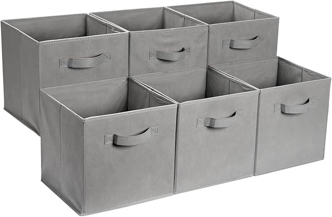Amazon Basics Collapsible Fabric Storage Cube/Organiser with Handles, Pack of 6, Solid Grey, 33 x 33 x 33 cm