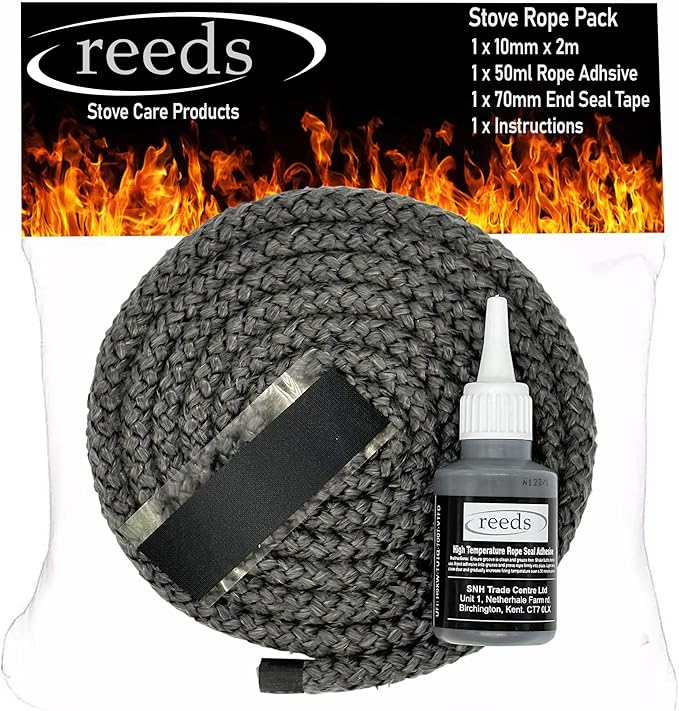 Reeds Black Stove Rope Kit 10mm (Medium Density) with Large 50ml Reeds Adhesive - Flues Glass Door Seals Wood Burning Replacement Made in The UK (10mm Kit 2m)