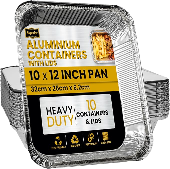 Superior Large Foil Containers with Lids Pack of 10 –Sturdy Durable Spacious Foil Trays with Lids - Aluminium Containers 10 x 12 Inch Leak Proof Trays for Cooking Baking BBQ Meal Prep Storage