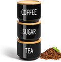 ComSaf Tea Coffee Sugar Canisters, 450mL Glass Black Tea Coffee and Sugar Canisters Set of 3, Stackable Glass Jars with Airtight Bamboo Lids, Lightproof Containers for Home Kitchen Food Storage
