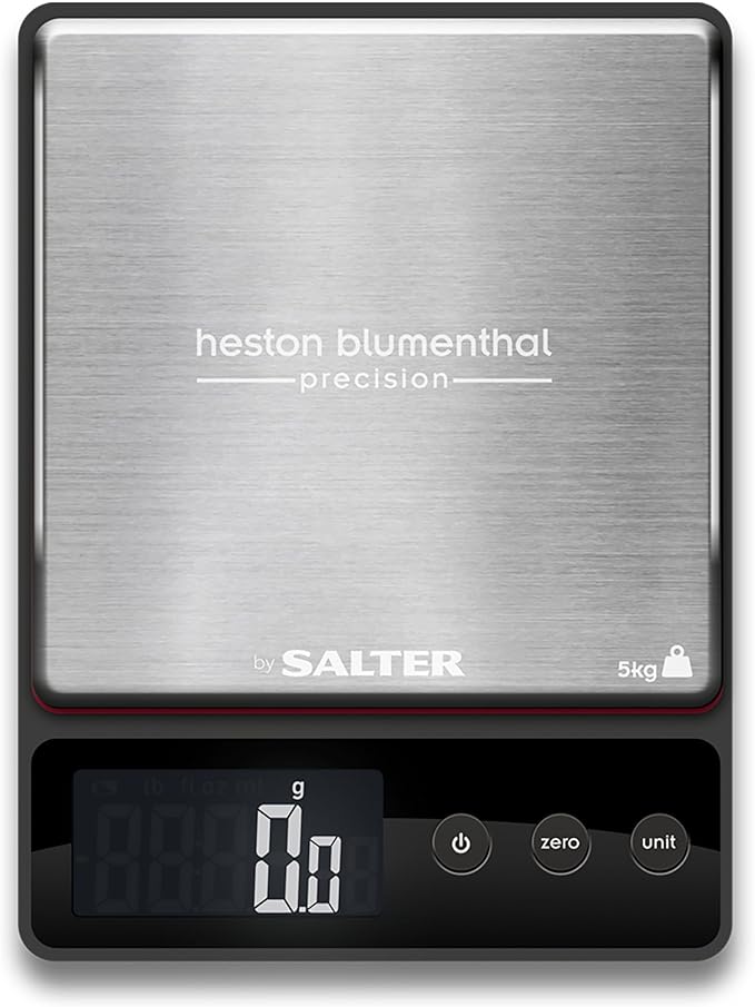 Heston Blumenthal Precision by Salter Digital Kitchen Scales - Premium Compact Baking/Cooking Scale, For Weighing Food/Coffee and Liquid, 0.5 g Increments, Slim, Stainless Steel/Black
