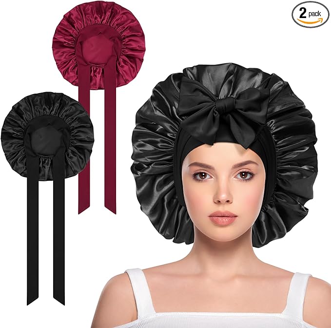 ACWOO Satin Bonnet Wrap - 2 Pcs Soft Silk Night Sleep Cap with Elastic Band, Hair Care Head Cover for Women Girls Long, Straight, Curly Hair
