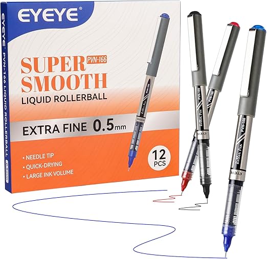 EYEYE 0.5mm Rollerball Pens Needle Tip, 12 Pack 3 Colours Extra Fine Point Roller Ball Pen Quick Dry, Liquid Ink Pens Fine Point Smooth Writing Pen for Colouring, Journaling, Office, School Supplies