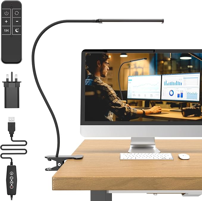 77 LED Dimmable Desk Lamp with Remote [3 Colour Temperatures & 10 Brightness Levels] 70cm Flexible Arm with USB Charger, Easy Clip on Reading Light, Led Table Lamp, Work Lamp for Home