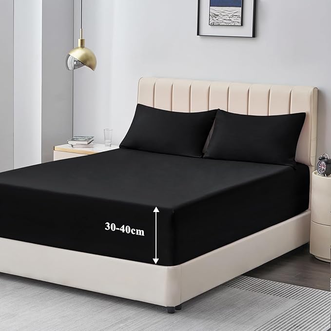 Aisbo King Size Fitted Sheet Black - Extra Deep Pocket Bed Sheet 16 inch 40 cm - Microfiber Bottom Sheet, 150x200cm