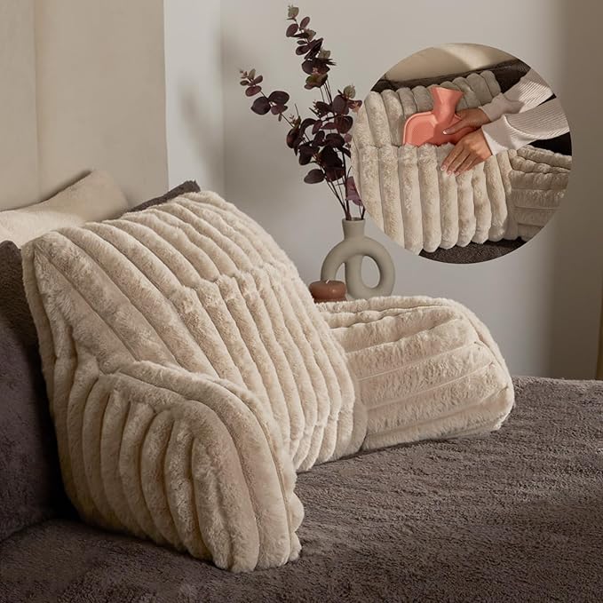 OHS Cuddle Cushion, Valentines Gifts for Her Ribbed Faux Fur Comfy Reading Pillows Sofy Cosy Gaming Cushion with Heatable Pocket Support Pillow with Arms Bed Seat for Relaxing Working, Natural